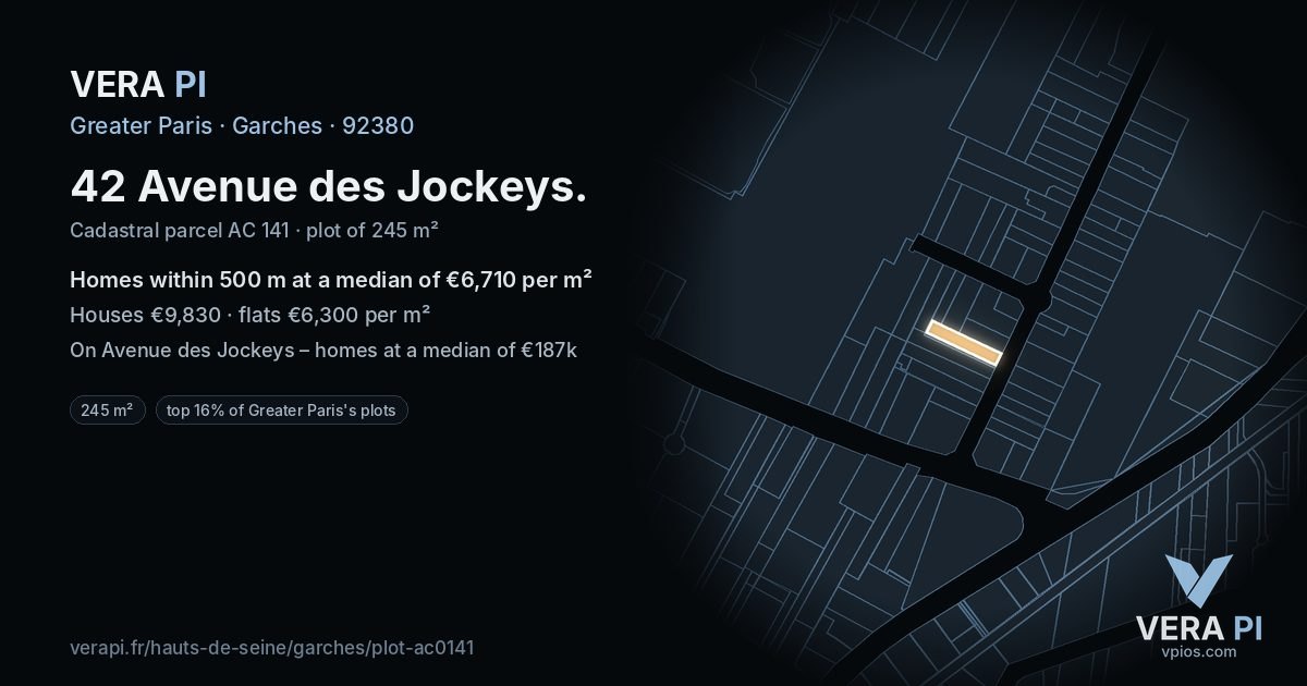 42 Avenue des Jockeys, Garches at night – the plot lit, the parcels around coloured by the prices near them