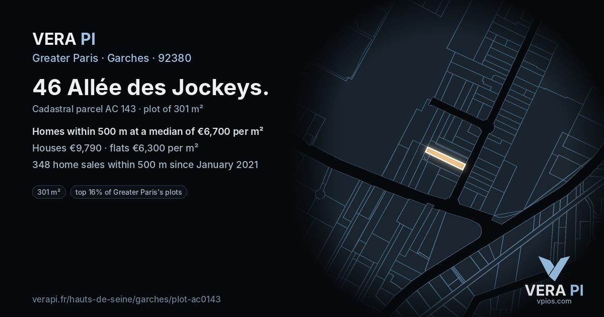 46 Allée des Jockeys, Garches at night – the plot lit, the parcels around coloured by the prices near them
