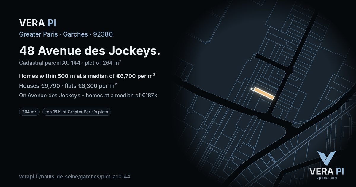 48 Avenue des Jockeys, Garches at night – the plot lit, the parcels around coloured by the prices near them