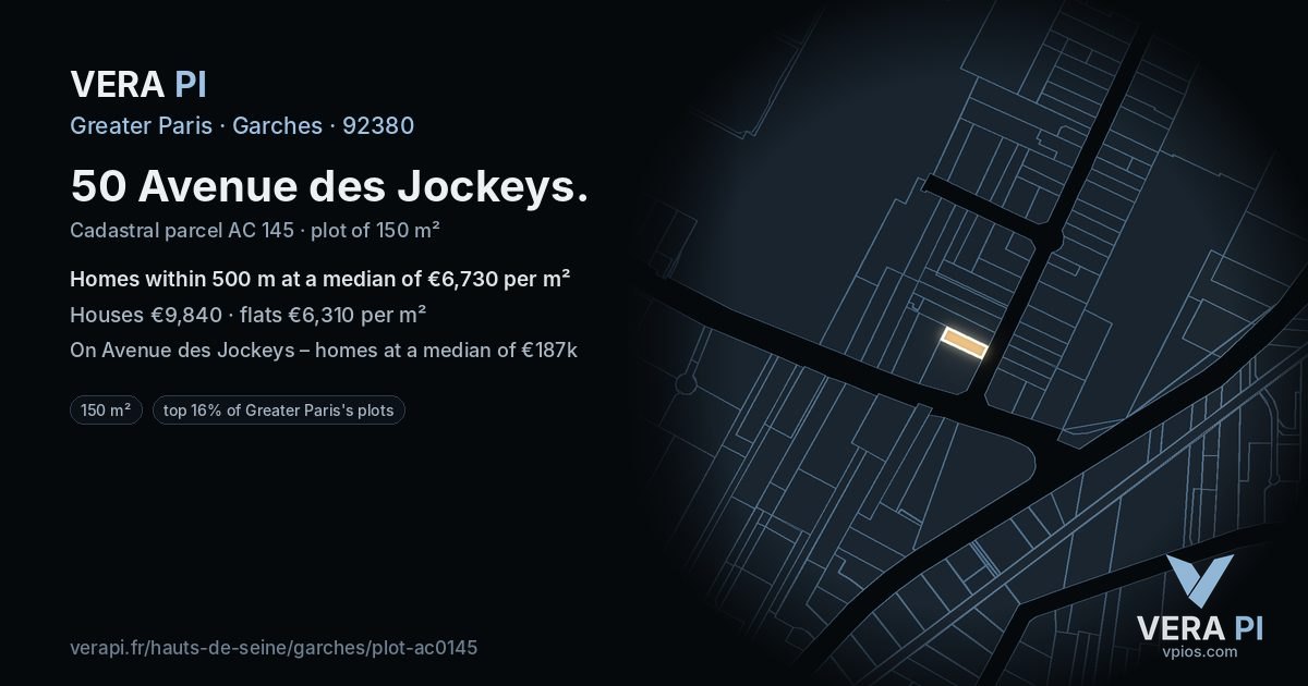 50 Avenue des Jockeys, Garches at night – the plot lit, the parcels around coloured by the prices near them
