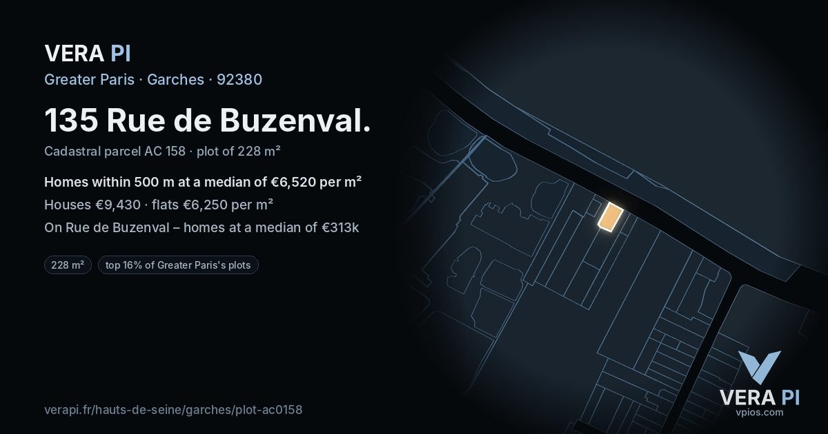 135 Rue de Buzenval, Garches at night – the plot lit, the parcels around coloured by the prices near them