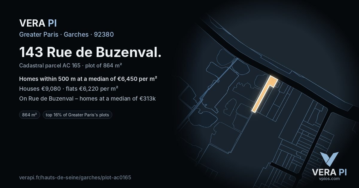 143 Rue de Buzenval, Garches at night – the plot lit, the parcels around coloured by the prices near them
