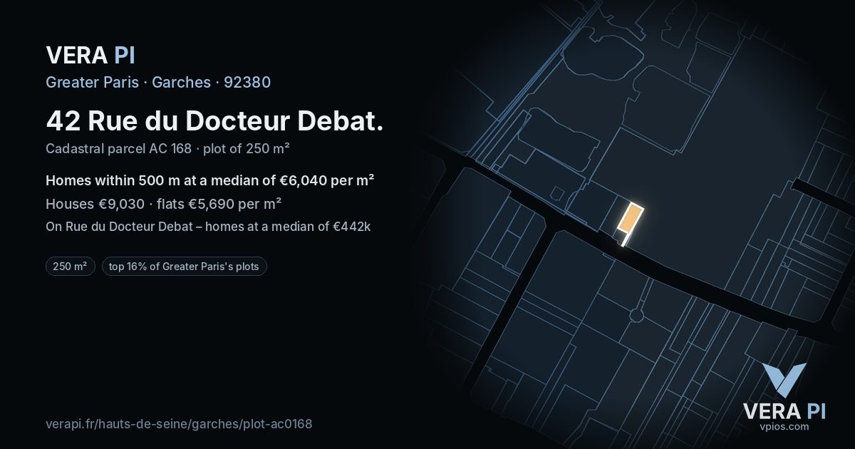 42 Rue du Docteur Debat, Garches at night – the plot lit, the parcels around coloured by the prices near them