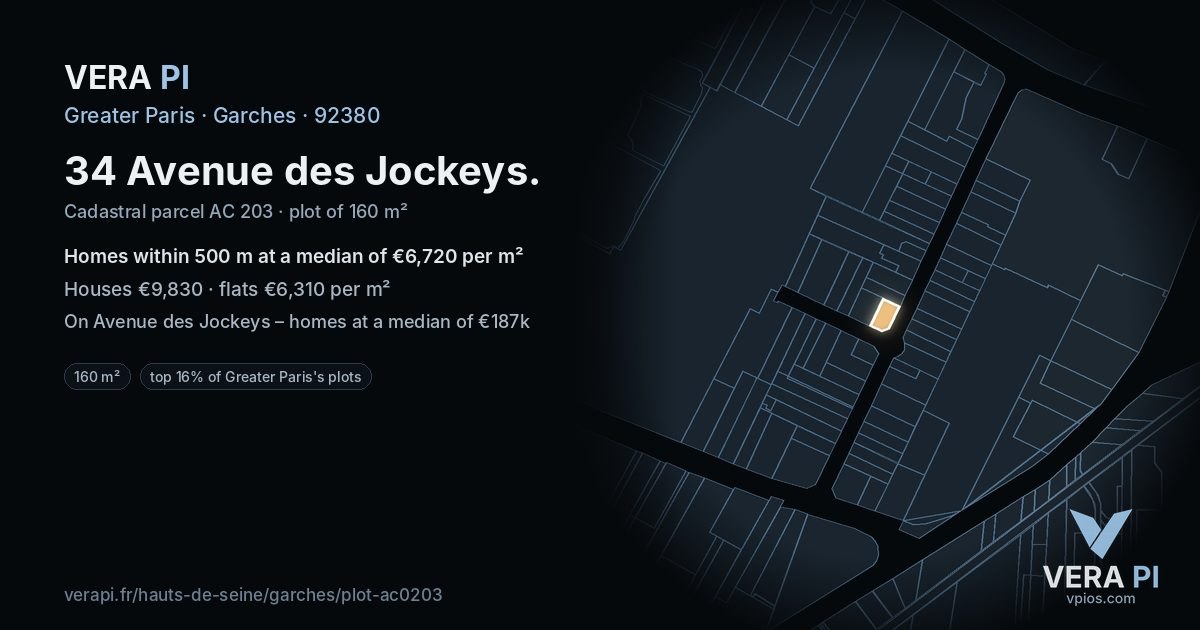 34 Avenue des Jockeys, Garches at night – the plot lit, the parcels around coloured by the prices near them