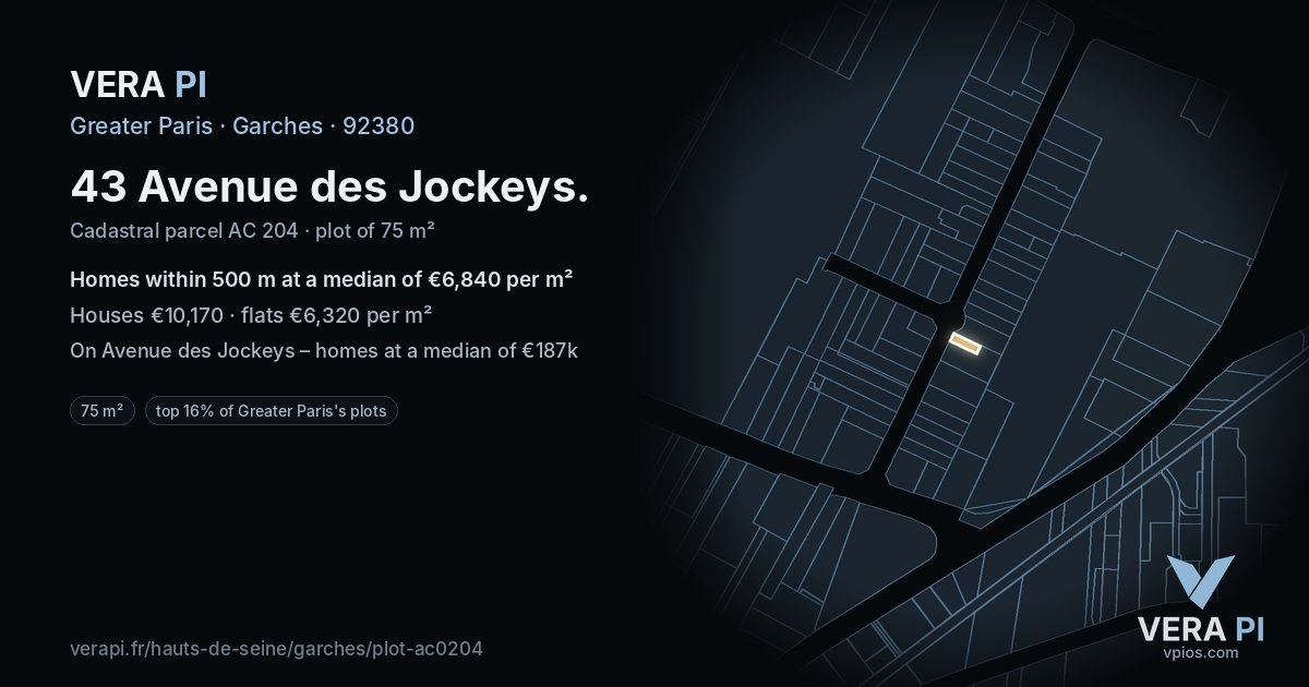 43 Avenue des Jockeys, Garches at night – the plot lit, the parcels around coloured by the prices near them