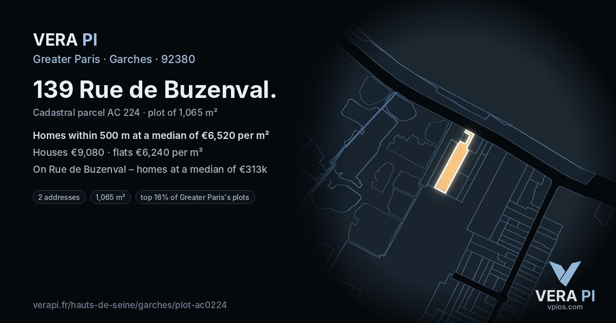 139 Rue de Buzenval, Garches at night – the plot lit, the parcels around coloured by the prices near them