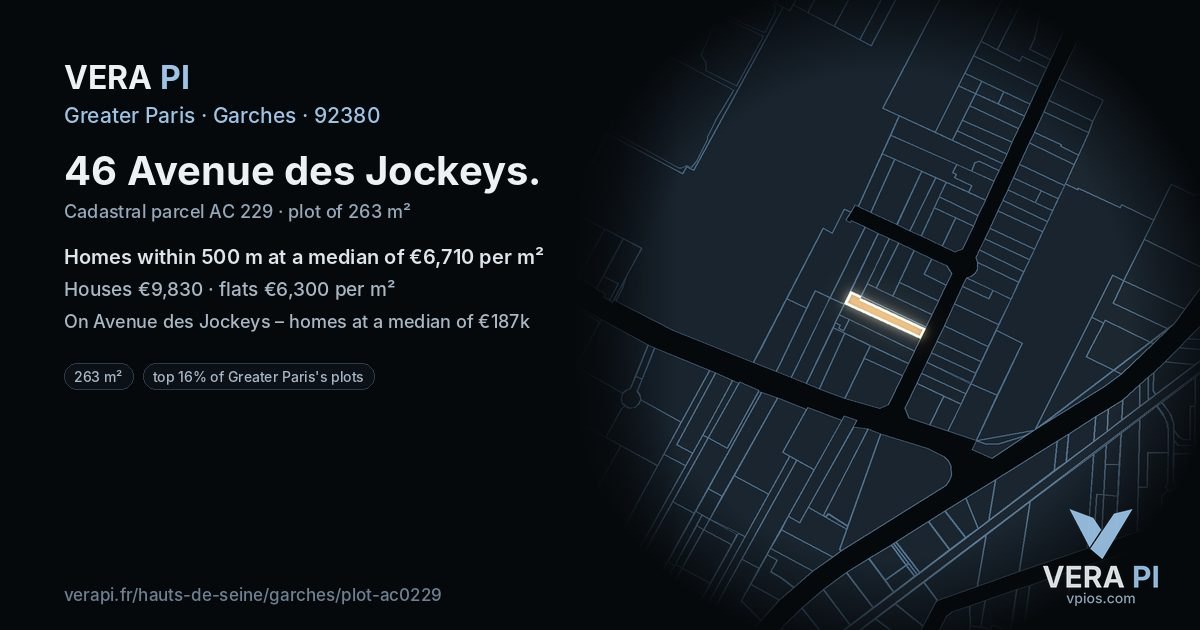 46 Avenue des Jockeys, Garches at night – the plot lit, the parcels around coloured by the prices near them