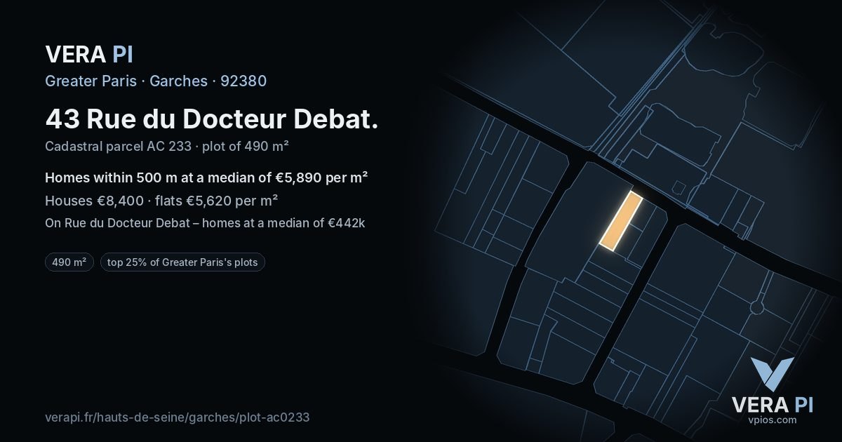 43 Rue du Docteur Debat, Garches at night – the plot lit, the parcels around coloured by the prices near them