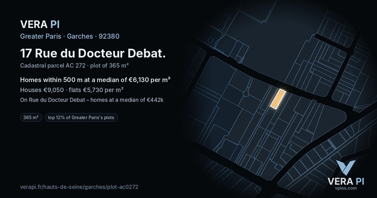 17 Rue du Docteur Debat, Garches at night – the plot lit, the parcels around coloured by the prices near them