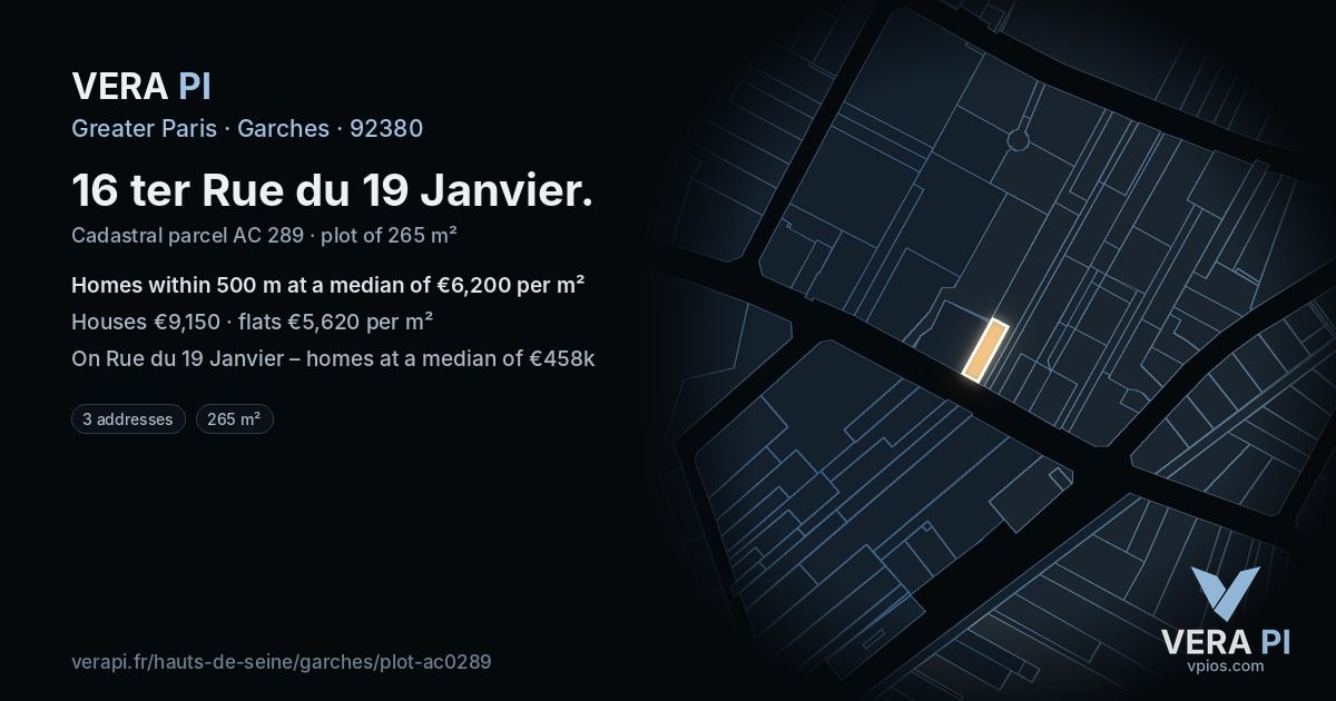 16 ter Rue du 19 Janvier, Garches at night – the plot lit, the parcels around coloured by the prices near them