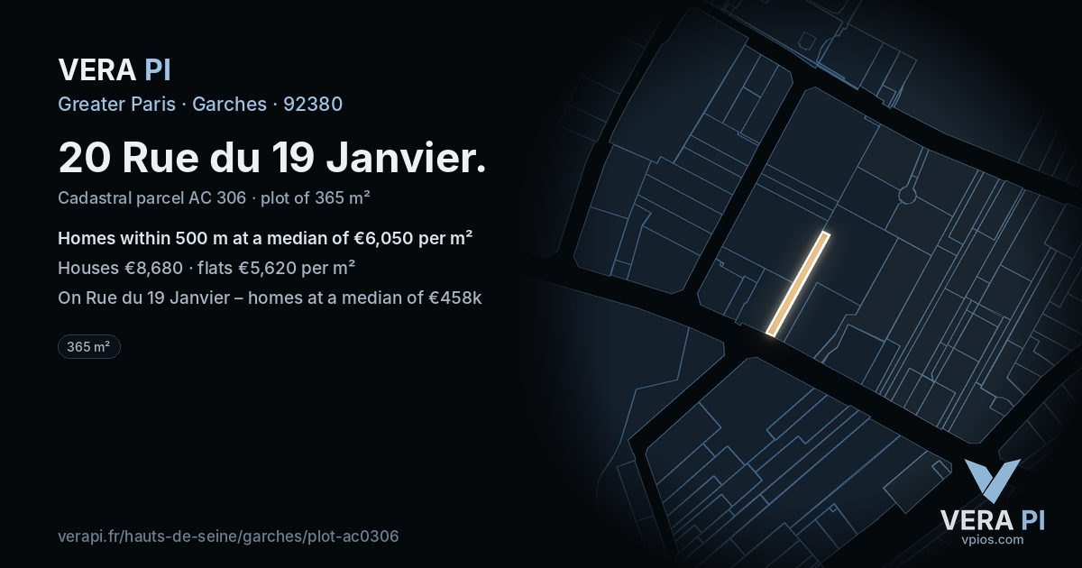 20 Rue du 19 Janvier, Garches at night – the plot lit, the parcels around coloured by the prices near them