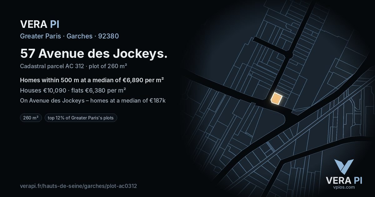 57 Avenue des Jockeys, Garches at night – the plot lit, the parcels around coloured by the prices near them