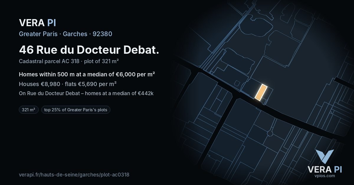 46 Rue du Docteur Debat, Garches at night – the plot lit, the parcels around coloured by the prices near them