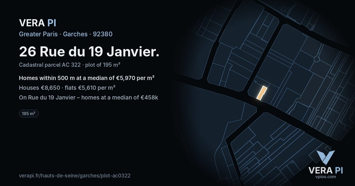 26 Rue du 19 Janvier, Garches at night – the plot lit, the parcels around coloured by the prices near them