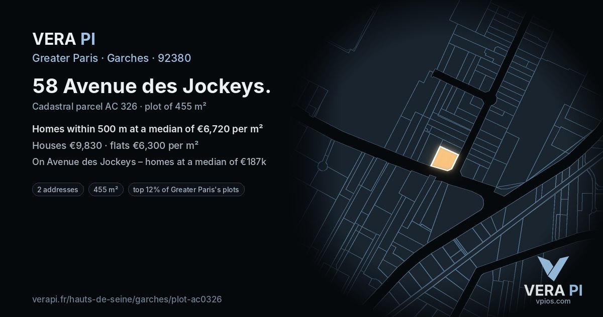 58 Avenue des Jockeys, Garches at night – the plot lit, the parcels around coloured by the prices near them