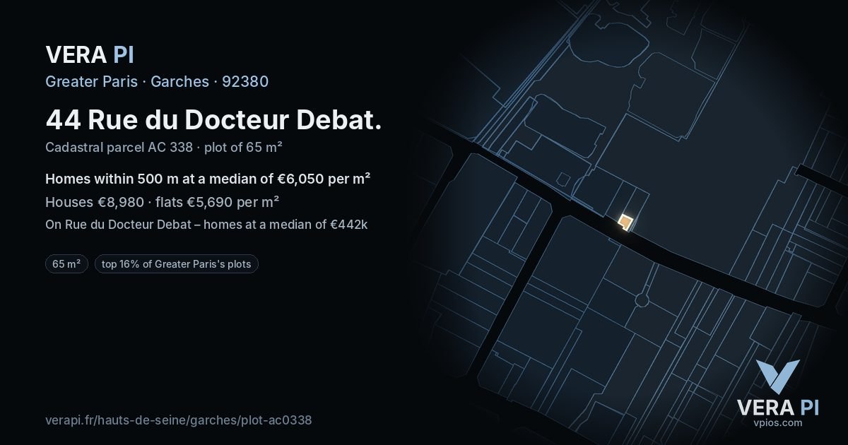 44 Rue du Docteur Debat, Garches at night – the plot lit, the parcels around coloured by the prices near them