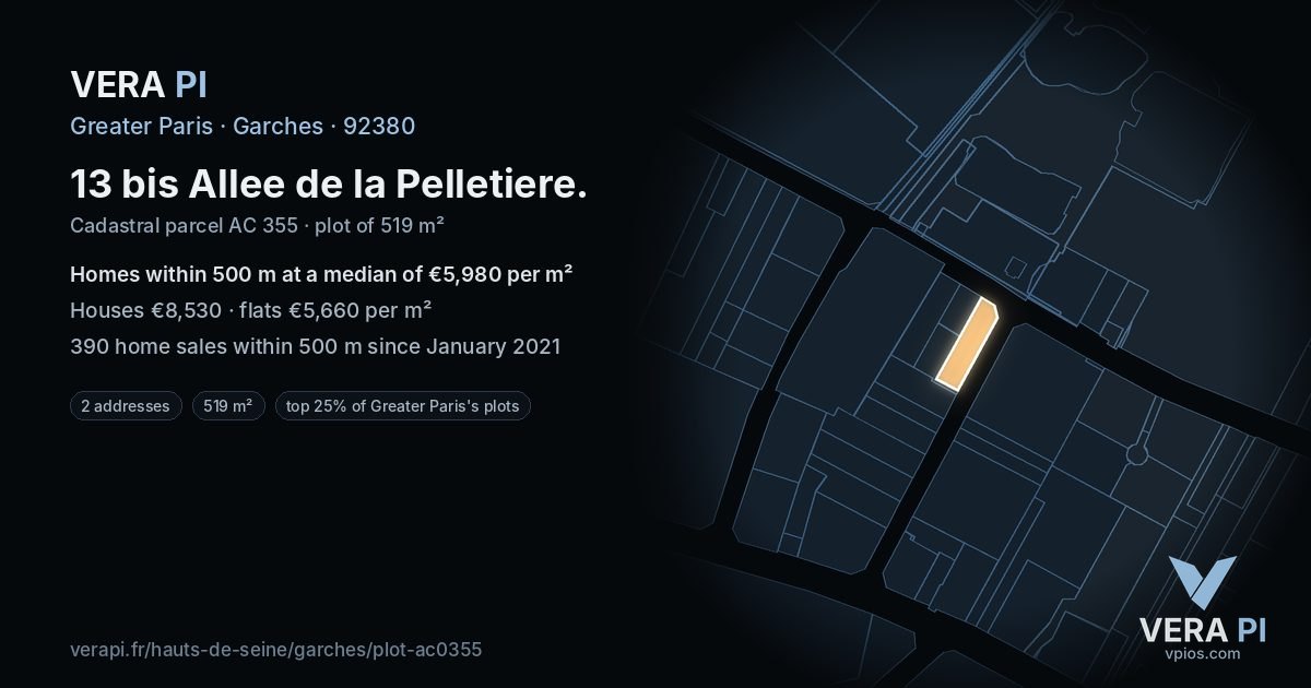 13 bis Allee de la Pelletiere, Garches at night – the plot lit, the parcels around coloured by the prices near them