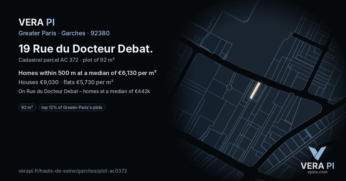 19 Rue du Docteur Debat, Garches at night – the plot lit, the parcels around coloured by the prices near them