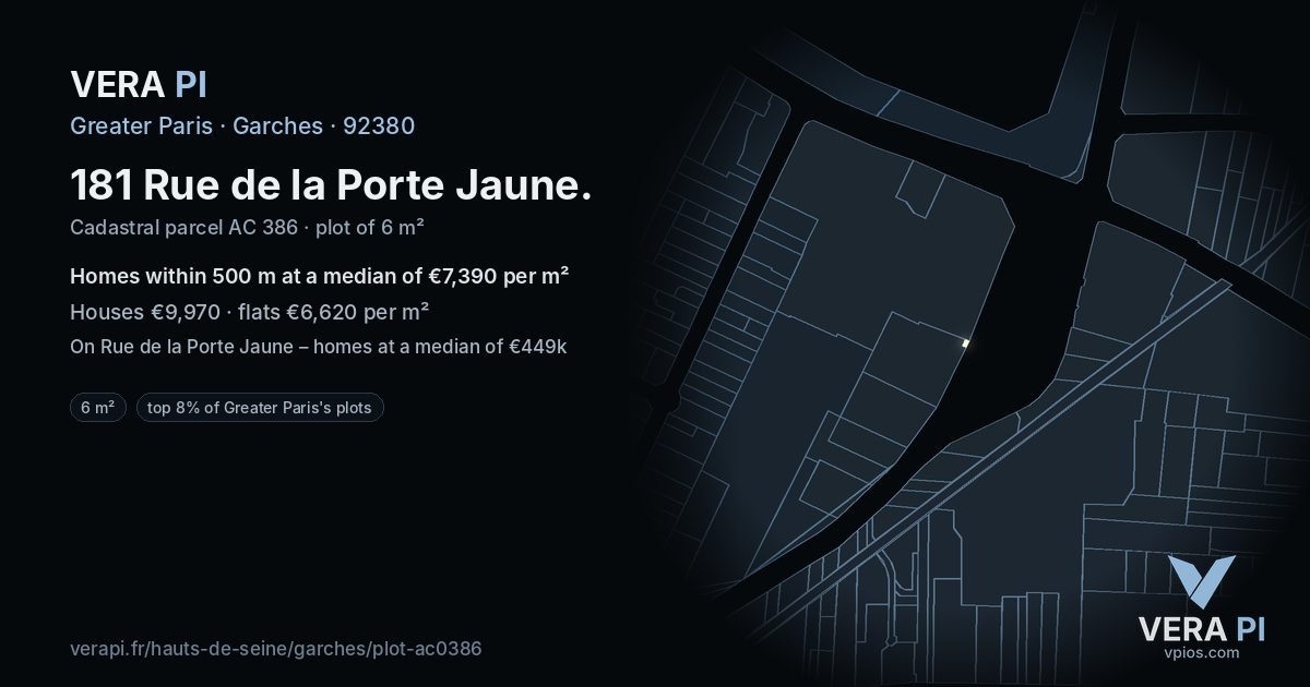 181 Rue de la Porte Jaune, Garches at night – the plot lit, the parcels around coloured by the prices near them