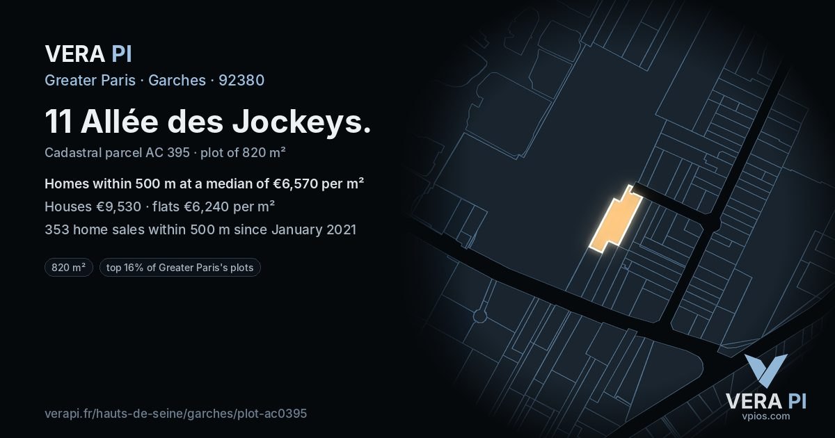 11 Allée des Jockeys, Garches at night – the plot lit, the parcels around coloured by the prices near them