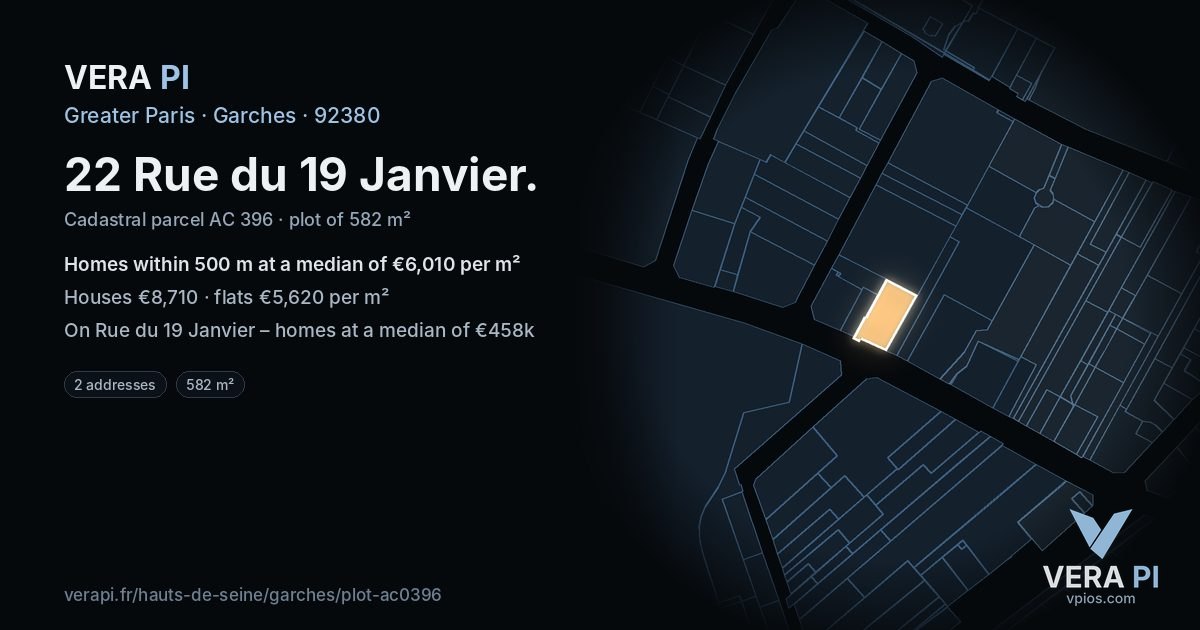 22 Rue du 19 Janvier, Garches at night – the plot lit, the parcels around coloured by the prices near them