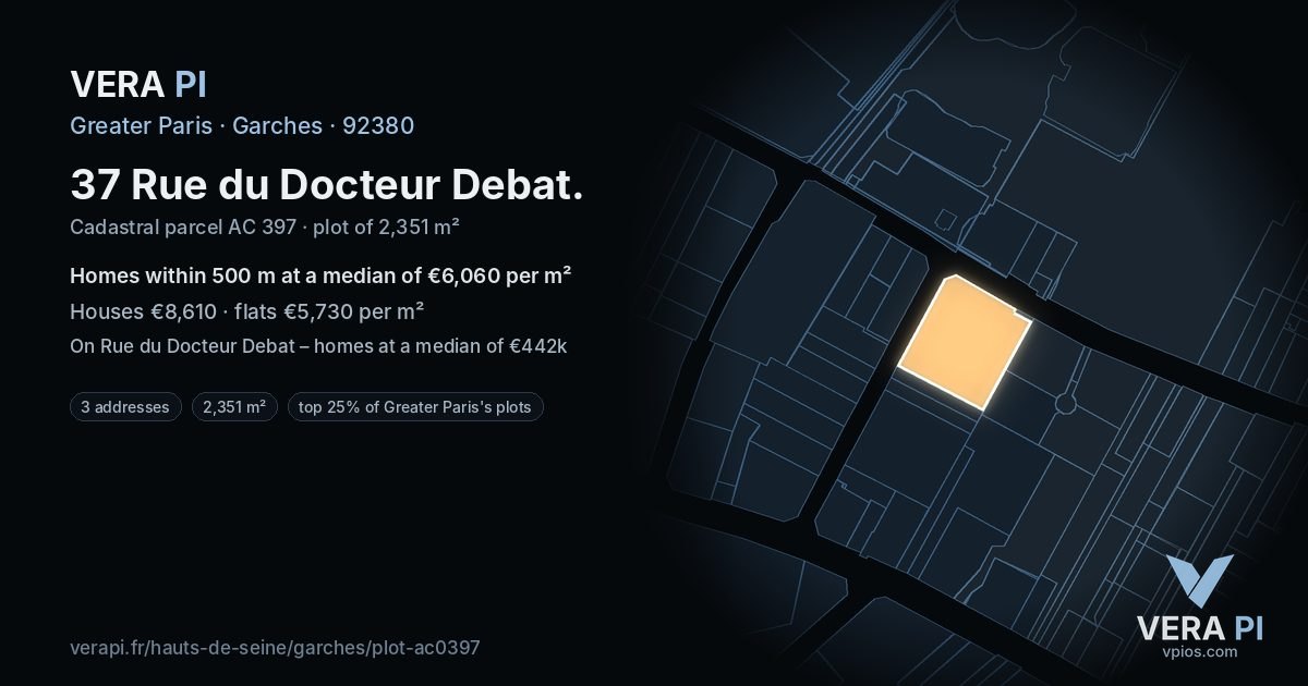 37 Rue du Docteur Debat, Garches at night – the plot lit, the parcels around coloured by the prices near them
