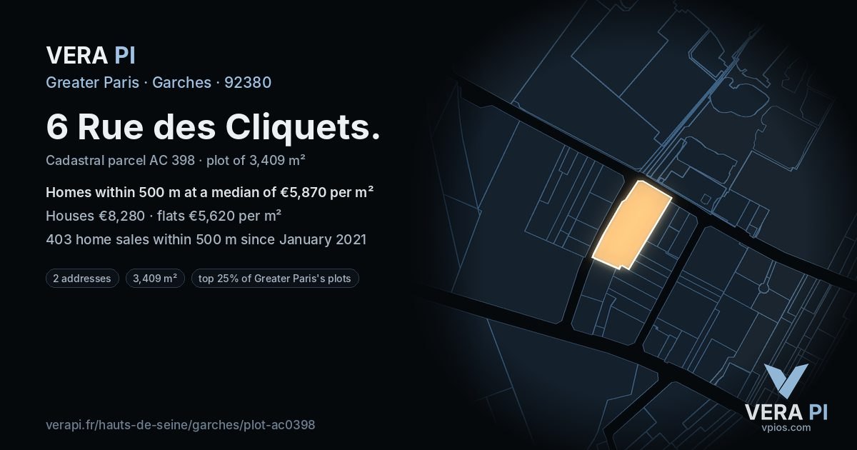 6 Rue des Cliquets, Garches at night – the plot lit, the parcels around coloured by the prices near them