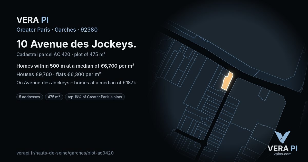 10 Avenue des Jockeys, Garches at night – the plot lit, the parcels around coloured by the prices near them