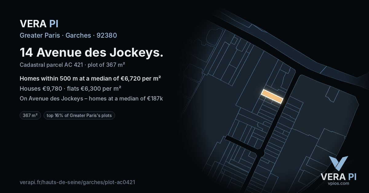 14 Avenue des Jockeys, Garches at night – the plot lit, the parcels around coloured by the prices near them