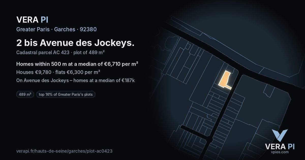2 bis Avenue des Jockeys, Garches at night – the plot lit, the parcels around coloured by the prices near them