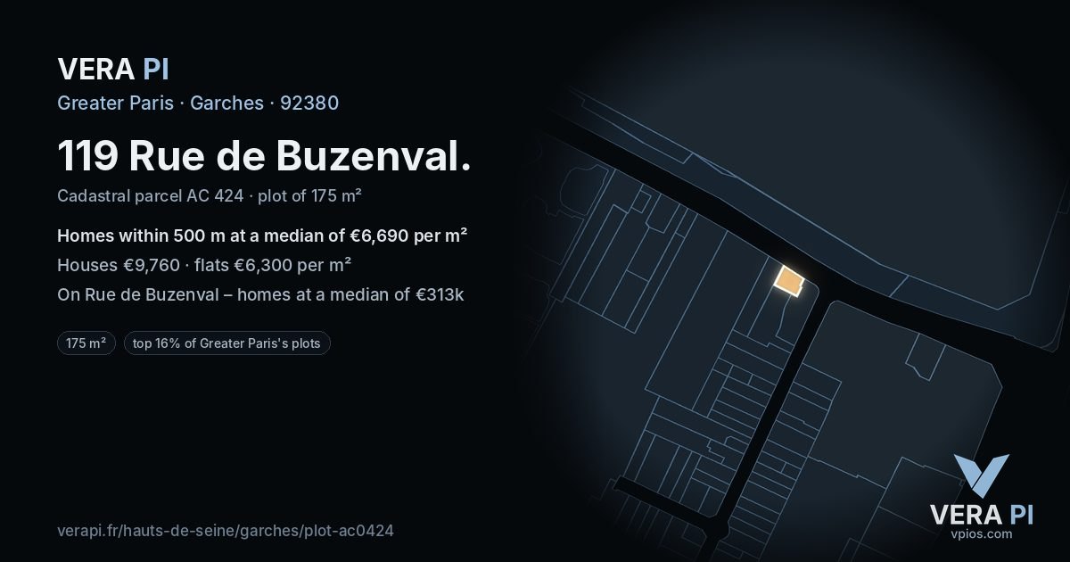 119 Rue de Buzenval, Garches at night – the plot lit, the parcels around coloured by the prices near them