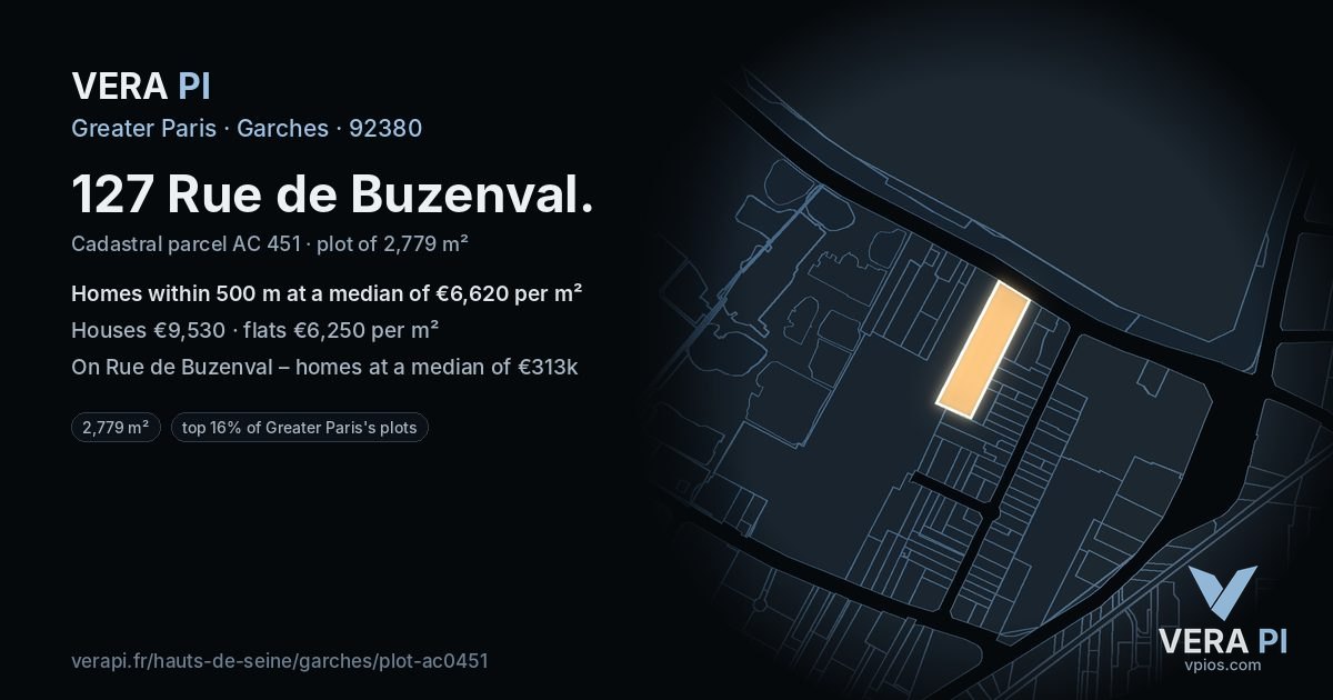 127 Rue de Buzenval, Garches at night – the plot lit, the parcels around coloured by the prices near them