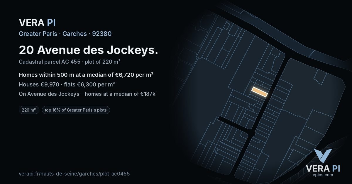 20 Avenue des Jockeys, Garches at night – the plot lit, the parcels around coloured by the prices near them