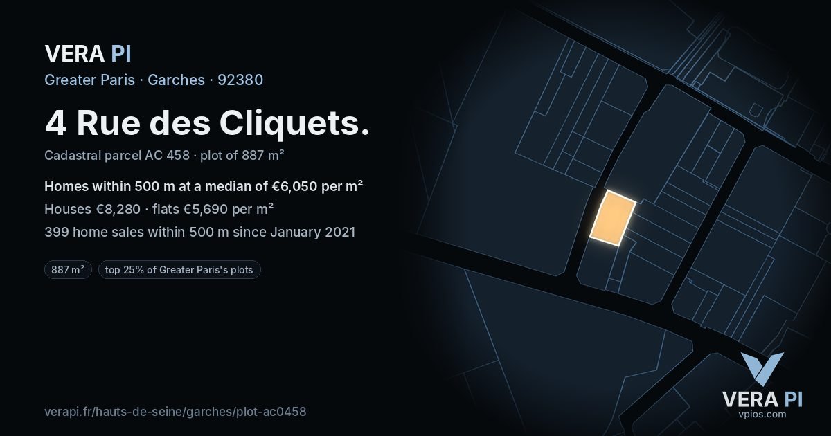 4 Rue des Cliquets, Garches at night – the plot lit, the parcels around coloured by the prices near them