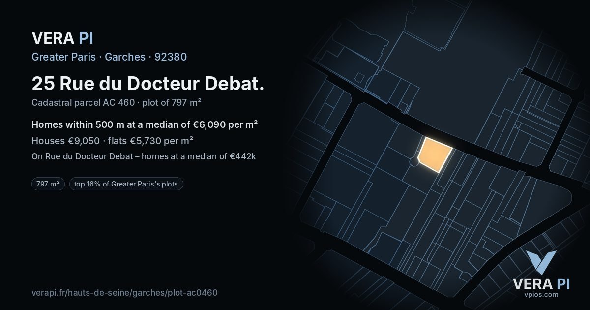 25 Rue du Docteur Debat, Garches at night – the plot lit, the parcels around coloured by the prices near them