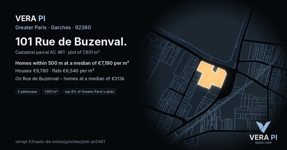 101 Rue de Buzenval, Garches at night – the plot lit, the parcels around coloured by the prices near them