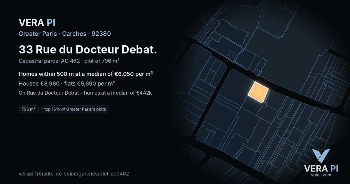 33 Rue du Docteur Debat, Garches at night – the plot lit, the parcels around coloured by the prices near them