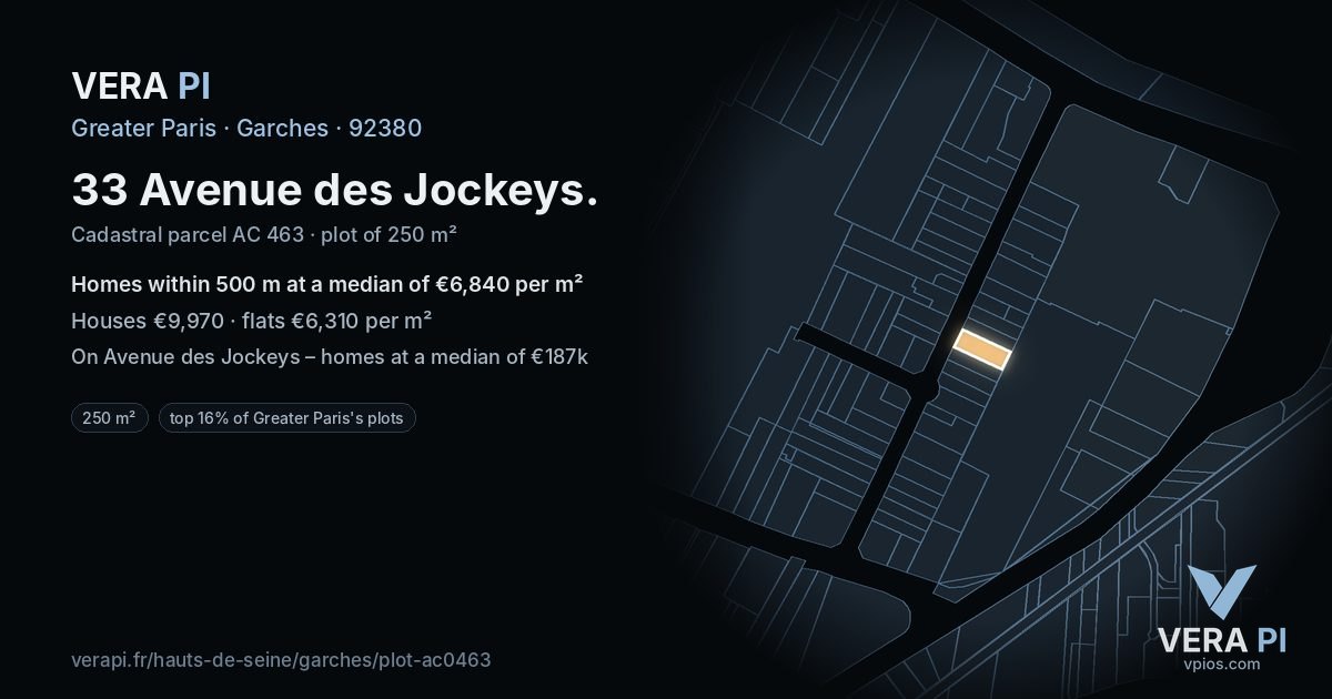 33 Avenue des Jockeys, Garches at night – the plot lit, the parcels around coloured by the prices near them
