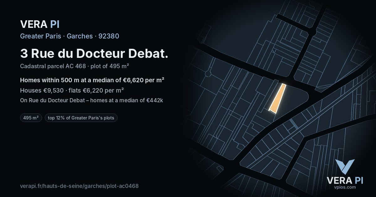 3 Rue du Docteur Debat, Garches at night – the plot lit, the parcels around coloured by the prices near them