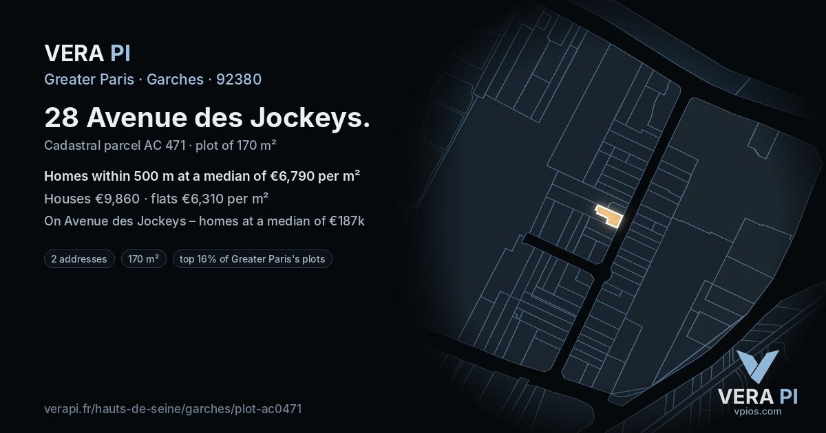 28 Avenue des Jockeys, Garches at night – the plot lit, the parcels around coloured by the prices near them