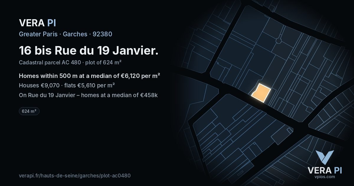 16 bis Rue du 19 Janvier, Garches at night – the plot lit, the parcels around coloured by the prices near them