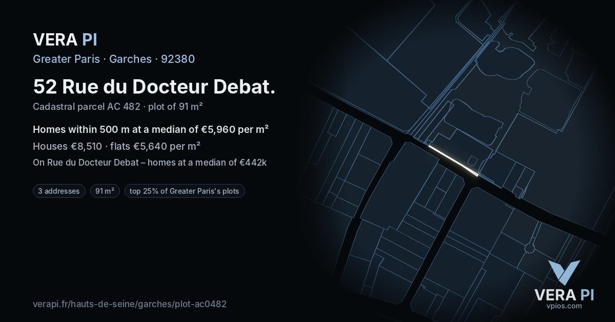 52 Rue du Docteur Debat, Garches at night – the plot lit, the parcels around coloured by the prices near them
