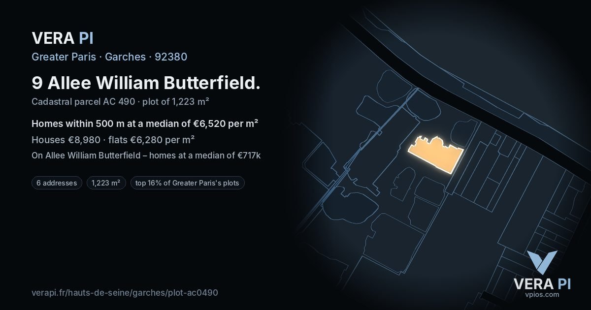 9 Allee William Butterfield, Garches at night – the plot lit, the parcels around coloured by the prices near them