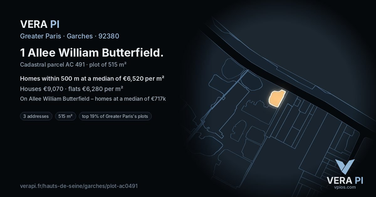 1 Allee William Butterfield, Garches at night – the plot lit, the parcels around coloured by the prices near them