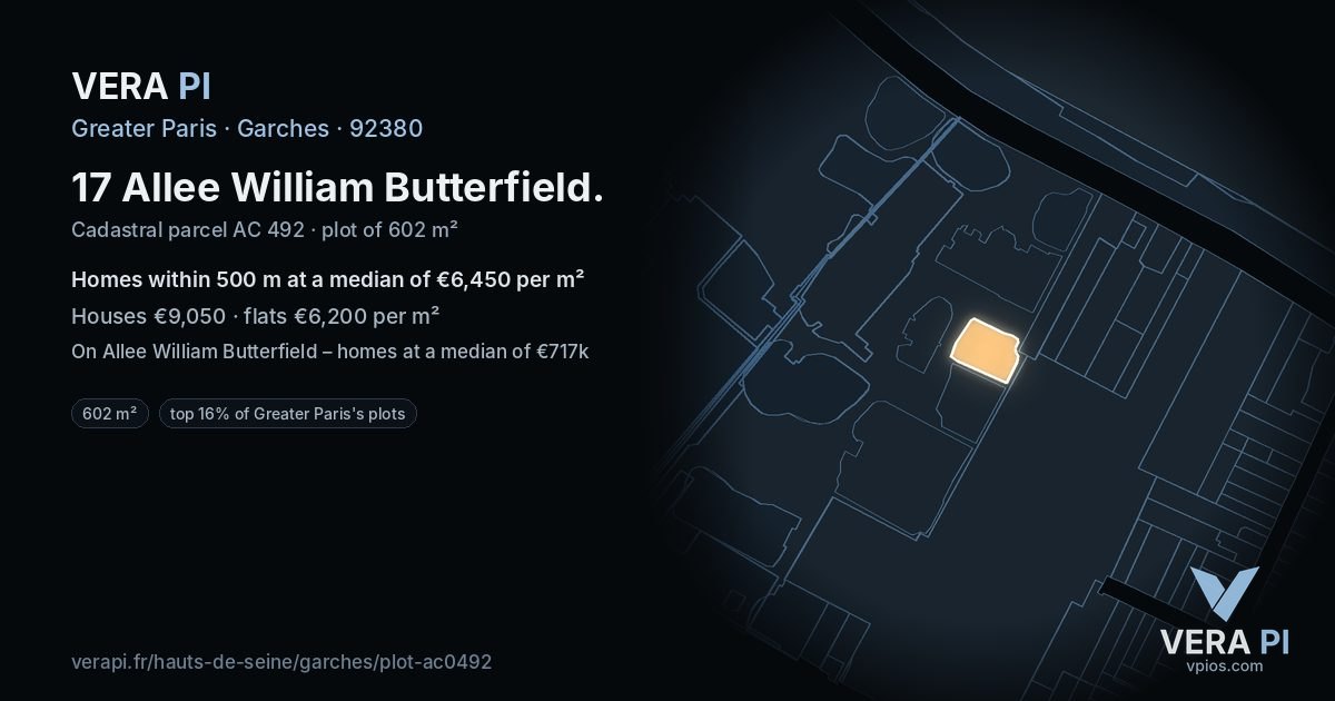 17 Allee William Butterfield, Garches at night – the plot lit, the parcels around coloured by the prices near them