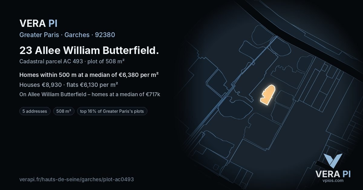 23 Allee William Butterfield, Garches at night – the plot lit, the parcels around coloured by the prices near them