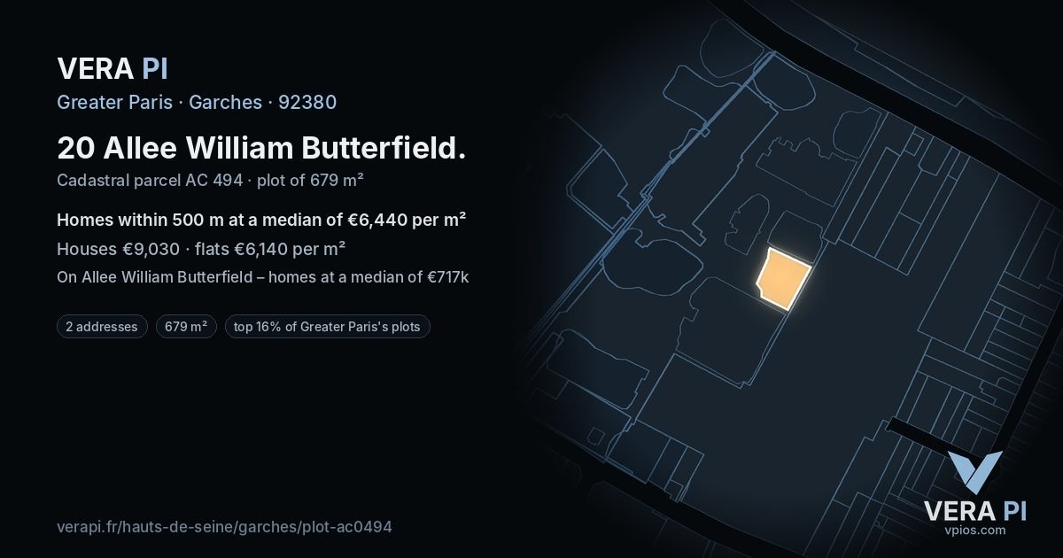 20 Allee William Butterfield, Garches at night – the plot lit, the parcels around coloured by the prices near them