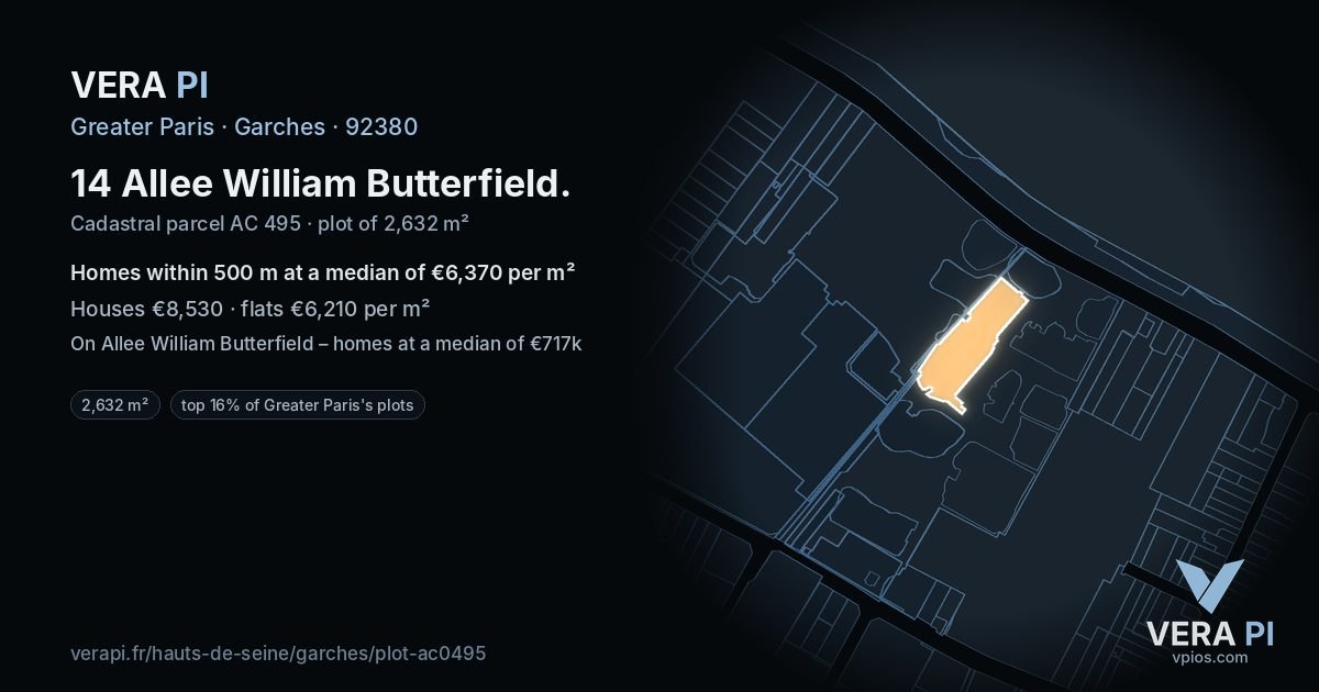 14 Allee William Butterfield, Garches at night – the plot lit, the parcels around coloured by the prices near them