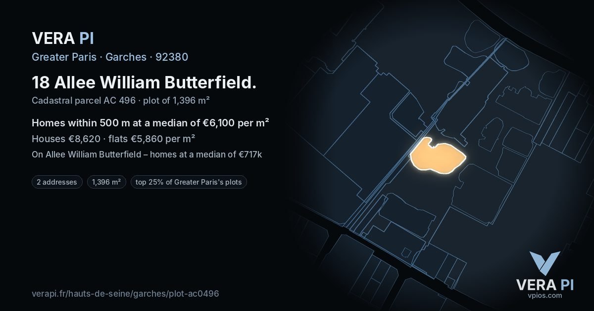 18 Allee William Butterfield, Garches at night – the plot lit, the parcels around coloured by the prices near them