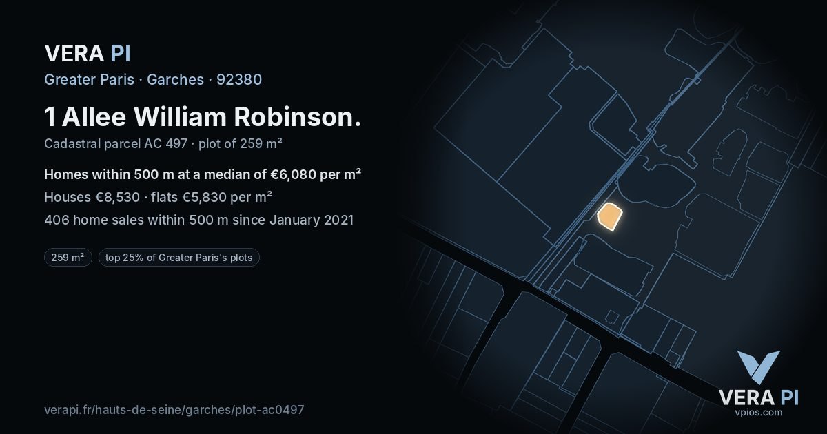 1 Allee William Robinson, Garches at night – the plot lit, the parcels around coloured by the prices near them
